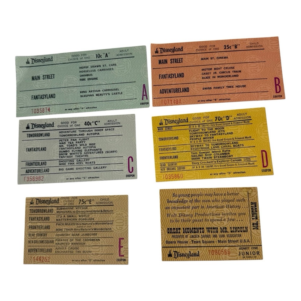 Vintage Disneyland A B C D E Ticket Coupons + Mr Lincoln Junior Ticket Disney